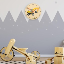 Kids Wall Clock - Excavator With Personalizen Name, Wood Clock, Large Clock Childrens Room Wall Art Decal - thumbnail 3