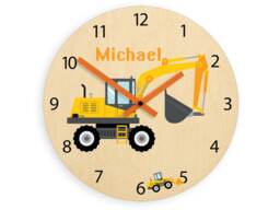 Kids Wall Clock - Excavator With Personalizen Name, Wood Clock, Large Clock Childrens Room Wall Art Decal - thumbnail 1