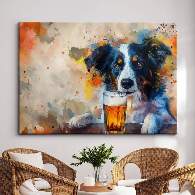 Border Collie With Beer Glass Painting Framed Poster Print & Canvas Wall Decor Art Bar Kitchen Room Dog Gift Idea Pet - image 1