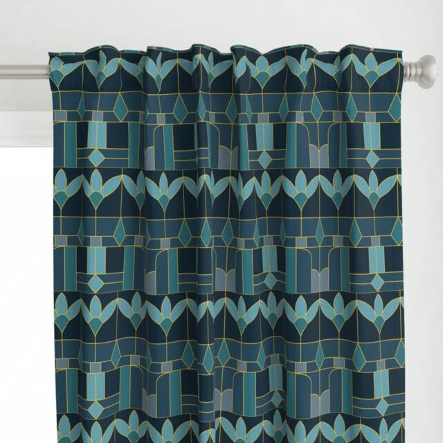 Floral Art Deco Curtain Panel - Stained Glass Aqua Gold Geometric Retro Custom Window By Ileneavery - image 1