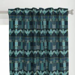 Floral Art Deco Curtain Panel - Stained Glass Aqua Gold Geometric Retro Custom Window By Ileneavery
