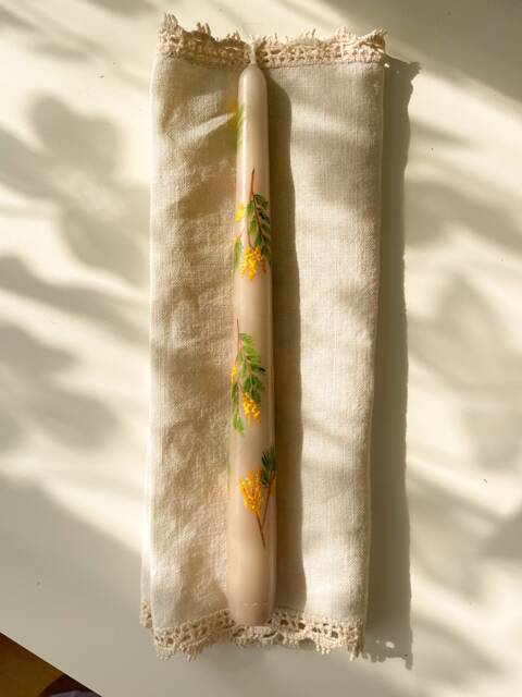 Mimosa Branches Hand Painted Dinner Candle - Tapered Candle Autumn Candles - image 1
