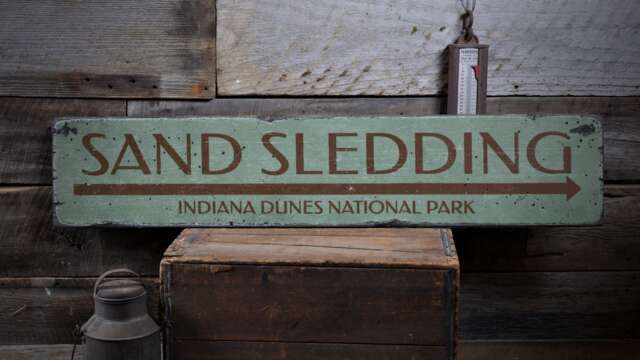 Sand Sledding Arrow Wood Sign, Personalized Indiana Dunes National Park Name Wall Decor - Rustic Hand Made Vintage Wooden Sign - image 1