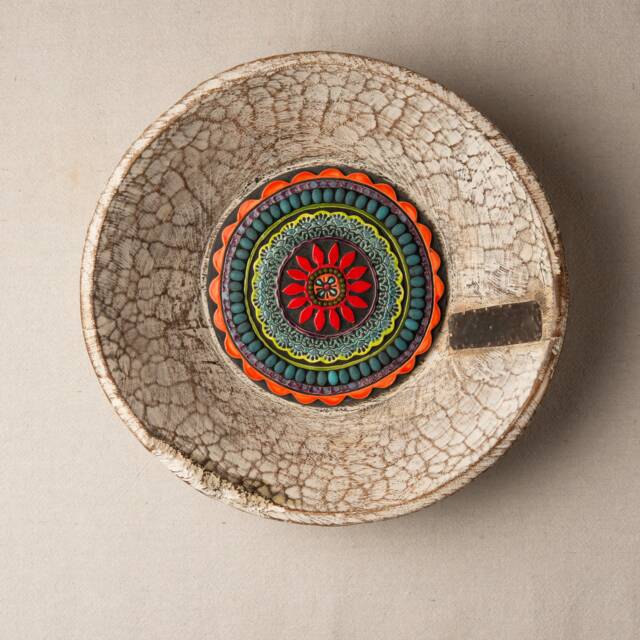 Boho Wall Art Handmade Ceramic Mosaic Suzani Tile in Wood Dough Bowl - White - image 1