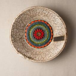 Boho Wall Art Handmade Ceramic Mosaic Suzani Tile in Wood Dough Bowl - White - thumbnail 1