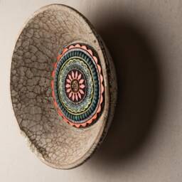 Boho Wall Art Handmade Ceramic Mosaic Suzani Tile in Wood Dough Bowl - White - thumbnail 2