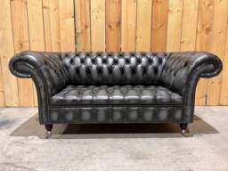 2 Seater Antique Grey/Black Leather Chesterfield Sofa, British Handmade - thumbnail 1