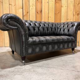 2 Seater Antique Grey/Black Leather Chesterfield Sofa, British Handmade - thumbnail 3