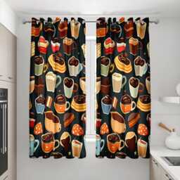 Coffee & Dessert Kitchen Curtains, Cafe Window Panels, Custom Heading & Size Drapes, Fun Chocolate Mug Pastry Print For Lovers - thumbnail 1