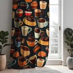 Coffee & Dessert Kitchen Curtains, Cafe Window Panels, Custom Heading & Size Drapes, Fun Chocolate Mug Pastry Print For Lovers - thumbnail 2