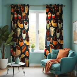 Coffee & Dessert Kitchen Curtains, Cafe Window Panels, Custom Heading & Size Drapes, Fun Chocolate Mug Pastry Print For Lovers - thumbnail 3
