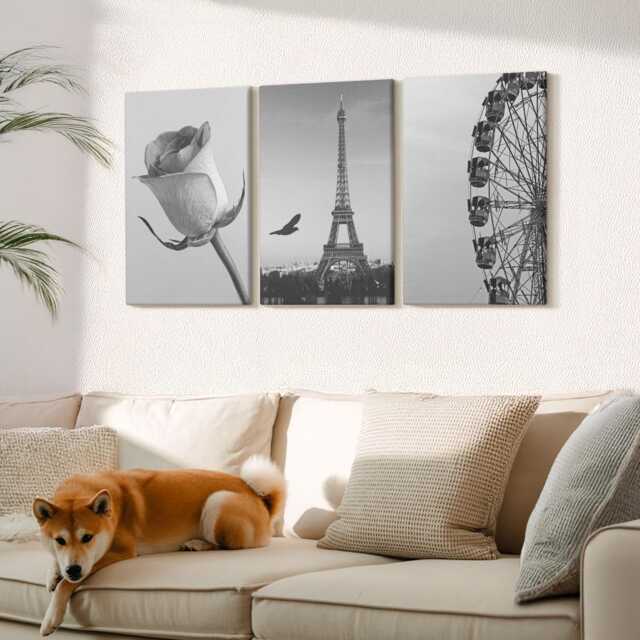 Canvas Set Of 3 Wall Art - Rose Eiffel Tower & Ferris Wheel in Monochrome, Black White Large Art, Travels Decor - image 1
