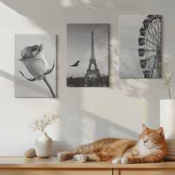 Canvas Set Of 3 Wall Art - Rose Eiffel Tower & Ferris Wheel in Monochrome, Black White Large Art, Travels Decor - thumbnail 3