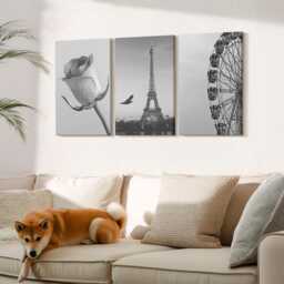Canvas Set Of 3 Wall Art - Rose Eiffel Tower & Ferris Wheel in Monochrome, Black White Large Art, Travels Decor - thumbnail 1