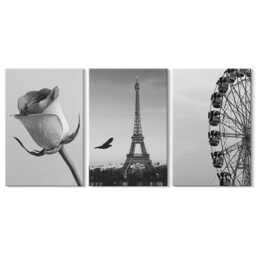 Canvas Set Of 3 Wall Art - Rose Eiffel Tower & Ferris Wheel in Monochrome, Black White Large Art, Travels Decor - thumbnail 2