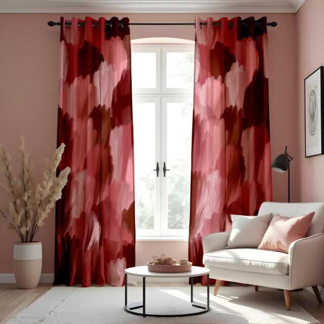 Abstract Brushstroke Curtains, Deep Red & Pink Artistic Painted Drapes, Modern Statement Window Treatment, Custom Length Panel Curtains - image 1