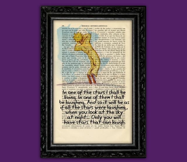 The Little Prince Falling - Blue Sky Print On Vintage Dictionary Page Touching Farewell Scene With Laughing Stars Quote - 47- N??4 - image 1