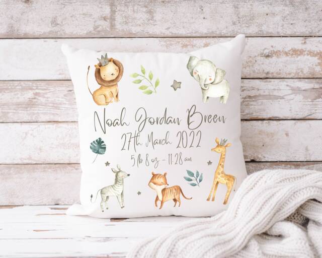 Personalised Safari Animals Baby Children's Cushion - Keepsake Pillow -Safari -New Christening Gift Fox Deer Bear