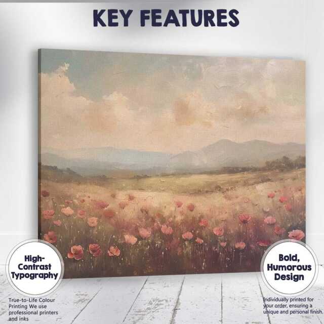 Soft Blush Poppy Meadow Dreamy Countryside Landscape Canvas Wall Art Print Decor Picture Ready To Hang - image 1