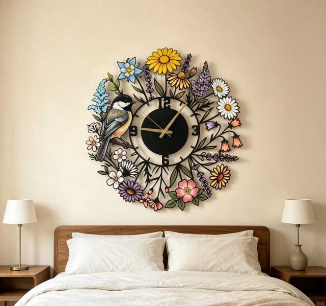 Personalized Chickadee Bird Metal Wall Clock, Colorful Wildflower Art, Botanical Home Sign, Century Clock, Unique Clock, Wanduhr, Horloge - image 1