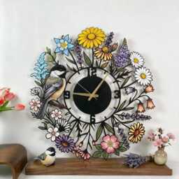Personalized Chickadee Bird Metal Wall Clock, Colorful Wildflower Art, Botanical Home Sign, Century Clock, Unique Clock, Wanduhr, Horloge - thumbnail 3