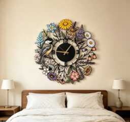 Personalized Chickadee Bird Metal Wall Clock, Colorful Wildflower Art, Botanical Home Sign, Century Clock, Unique Clock, Wanduhr, Horloge - thumbnail 1