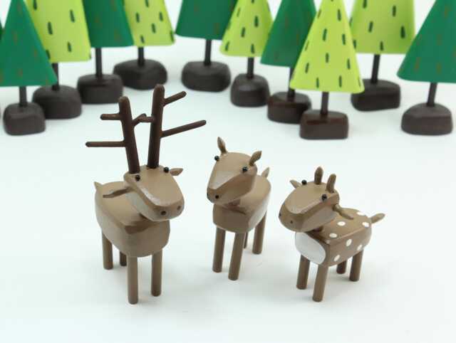 Wood Deer Family - Folk Art Animal Sculpture Tablescape Centerpiece Holiday Decoration - image 1