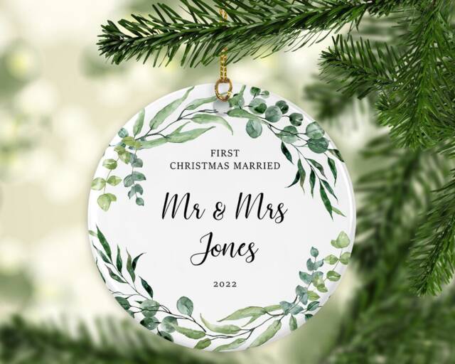 Personalised First Christmas Married Ornament Custom Name, Ceramic Or Mdf Acrylic Bauble Hanging Disc For Xmas Tree Decorations - image 1
