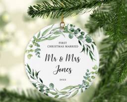 Personalised First Christmas Married Ornament Custom Name, Ceramic Or Mdf Acrylic Bauble Hanging Disc For Xmas Tree Decorations - thumbnail 1