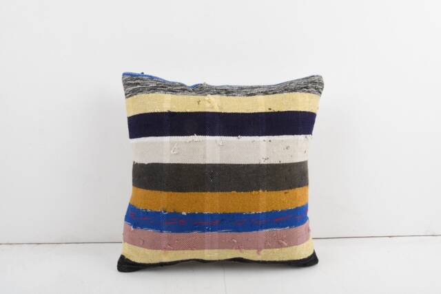 Vintage Turkish Kilim Pillow Cover Handwoven Wool Rug Cushion - 16x16 - image 1