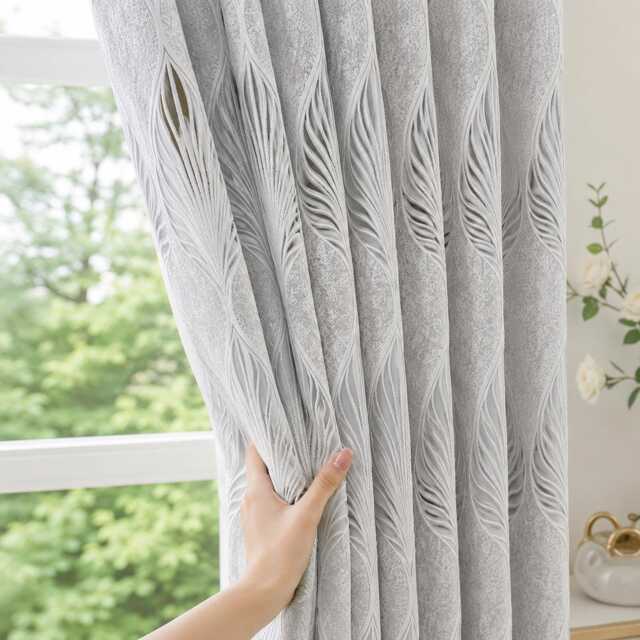 Silver Gray Leaf Embroidered Jacquard Curtain Panels, Luxury Textured Window Drapes - image 1