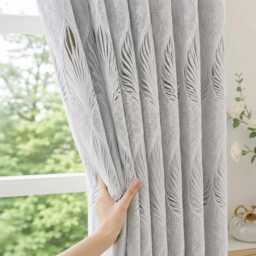 Silver Gray Leaf Embroidered Jacquard Curtain Panels, Luxury Textured Window Drapes - thumbnail 1