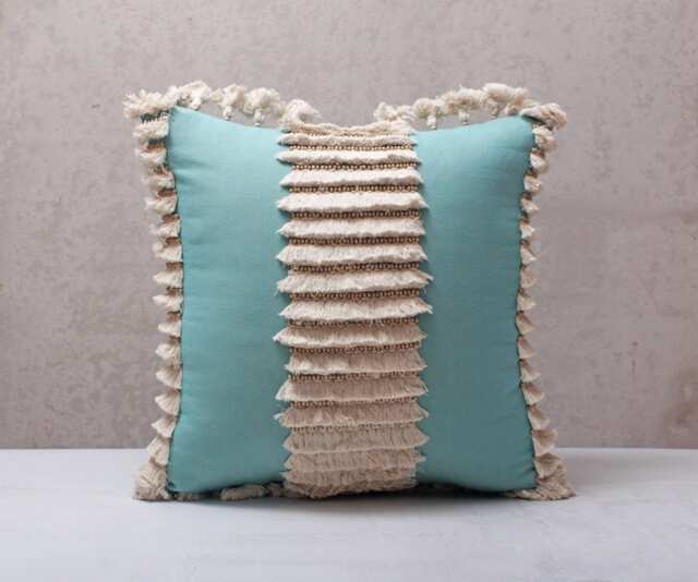 Light Blue Embroidered Pillow Cover, Handmade Cotton Cushion With Tassels & Wooden Beads - image 1