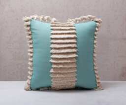 Light Blue Embroidered Pillow Cover, Handmade Cotton Cushion With Tassels & Wooden Beads - thumbnail 1