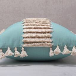 Light Blue Embroidered Pillow Cover, Handmade Cotton Cushion With Tassels & Wooden Beads - thumbnail 4