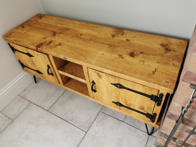 Wooden Farmhouse Rustic Style Sideboard Unit Cupboard With Black Hairpin Legs - image 1