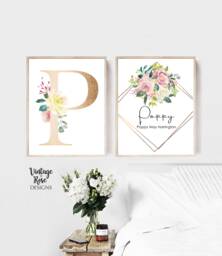Gold Initial Personalised Print, Set Of 2 Prints, Girls Bedroom, Nursery Wall Art, Watercolour Flowers, White & Pink, Pink Decor - thumbnail 1