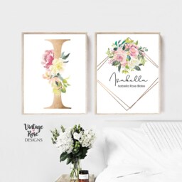 Gold Initial Personalised Print, Set Of 2 Prints, Girls Bedroom, Nursery Wall Art, Watercolour Flowers, White & Pink, Pink Decor - thumbnail 2