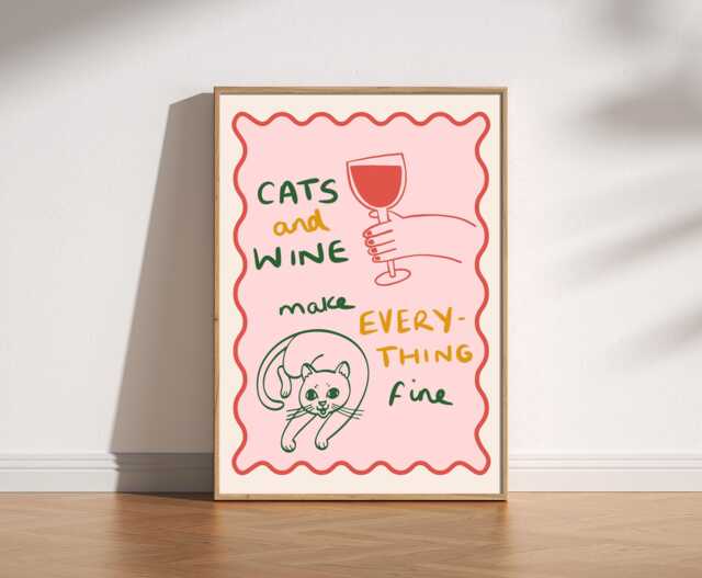 Cats & Wine Print, Quirky Kitchen Wall Art, Dining Room Decor, Funny Quote Poster, Cat Lover Gift, Housewarming Colourful Print - image 1