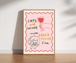 Cats & Wine Print, Quirky Kitchen Wall Art, Dining Room Decor, Funny Quote Poster, Cat Lover Gift, Housewarming Colourful Print - thumbnail 1