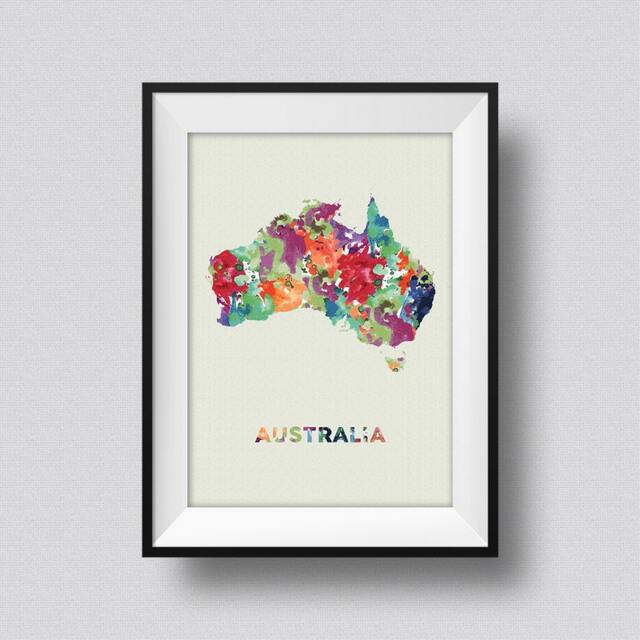 Australia Watercolor Map Art Print Ink Splash Poster Canvas