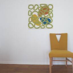 Handmade Abstract Fiber Art Wall Hanging, Green, Yellow, Blue, 28x28 - thumbnail 3