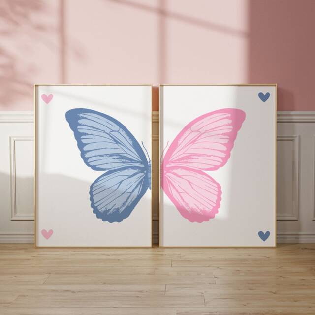 Pink & Blue Butterfly Prints Trendy Girly Bedroom Decor - Set Of 2 - image 1