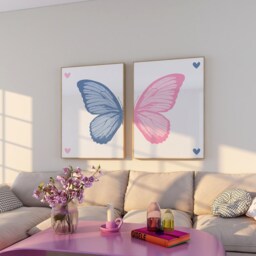 Pink & Blue Butterfly Prints Trendy Girly Bedroom Decor - Set Of 2 - thumbnail 2