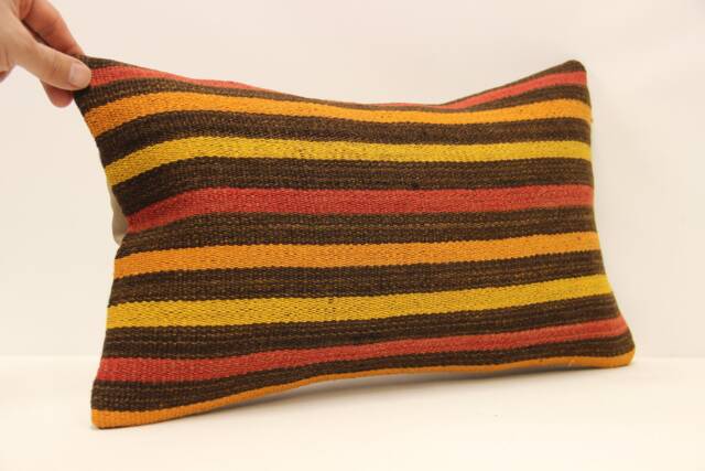 Vintage Turkish Kilim Pillow Cover, Wool Lumbar Cushion - 12x20 In - image 1