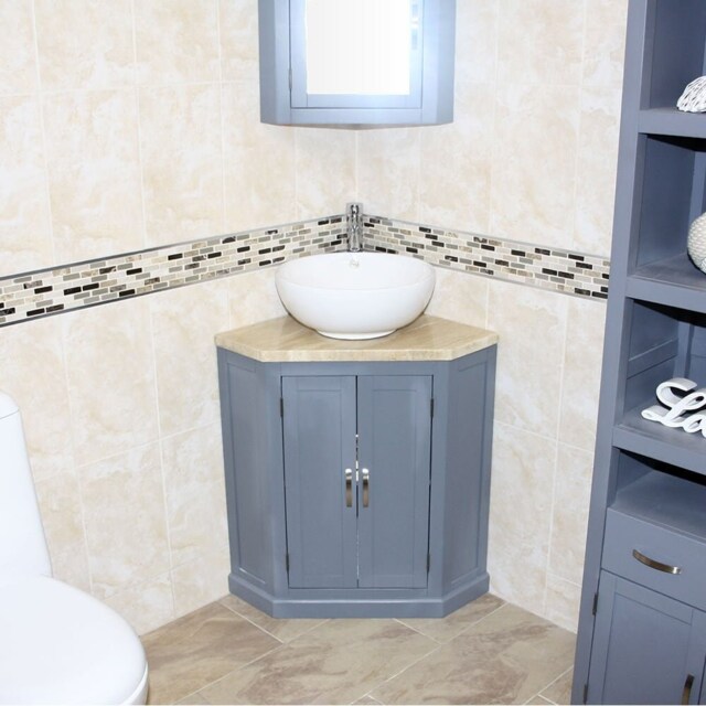 Grey Painted Bathroom Vanity Unit Corner Wash Stand Travertine Top & Ceramic Basin 501Bgttcbc - image 1
