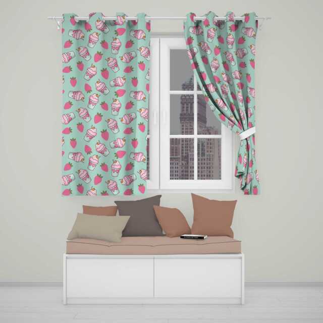Cute Strawberry Cupcakes & Sweet Treats On Mint Background Seamless Pattern Readymade Eyelet Ring Top Thermal 100% Blackout Curtains - image 1