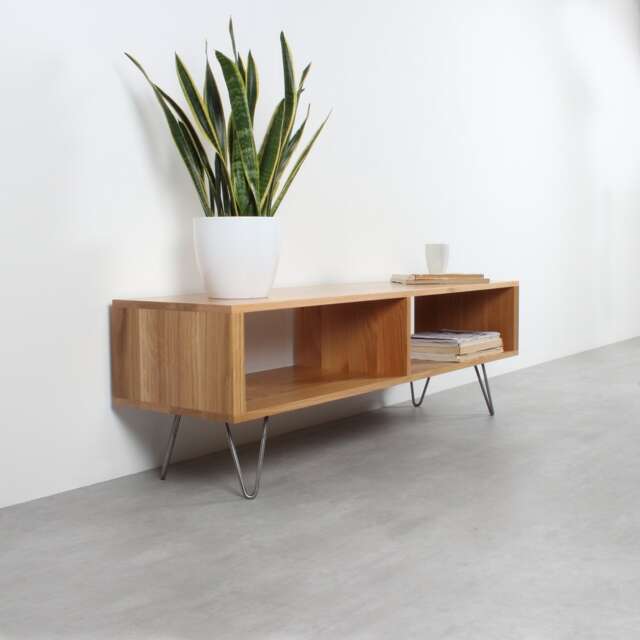 "Solid Oak Tv Stand Or Coffee Table On Mid Century Hairpin Legs, ""Henley" - image 1