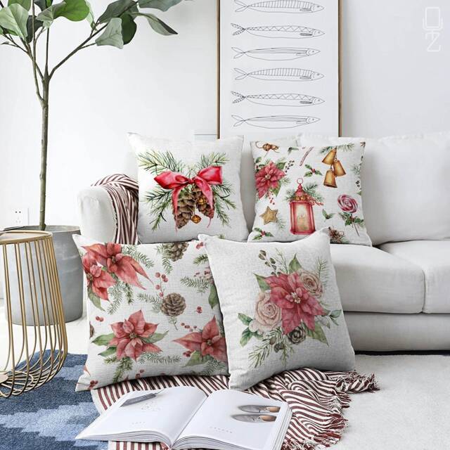 Christmas Cushion Covers With Poinsettia Flowers & Cones - 4 Options Double Sided Printing On The Soft Chenille Multi-Sizes - image 1