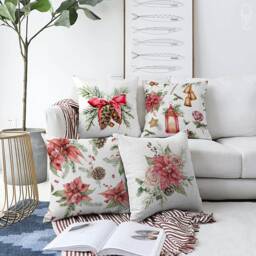 Christmas Cushion Covers With Poinsettia Flowers & Cones - 4 Options Double Sided Printing On The Soft Chenille Multi-Sizes - thumbnail 1